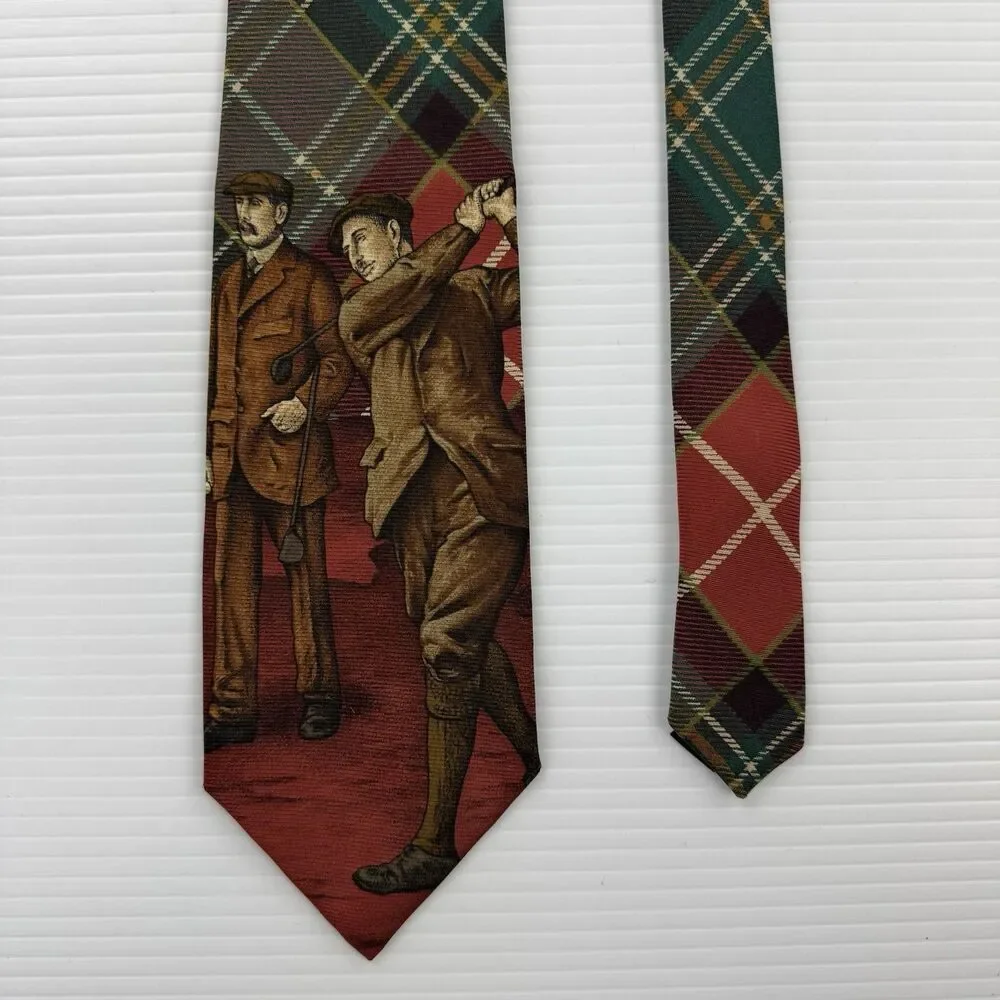 Vintage Polo Ralph Lauren Golf Tie USA Silk Tartan Plaid Golfer Novelty Made USA